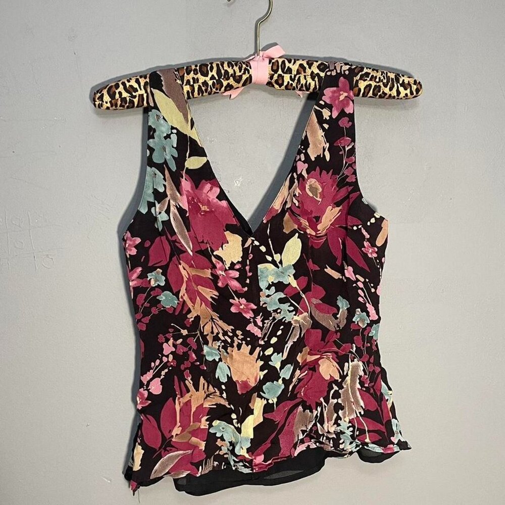 black and pink floral tank top with a v-neck